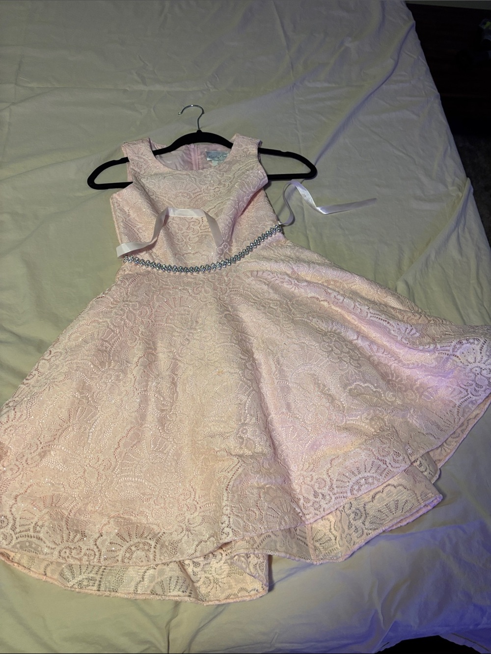 Girls' Pink Lace Party Dress with Jeweled Waist